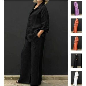 Chic Black Linen Set Wide Leg Women's Pants and Collared Shirt